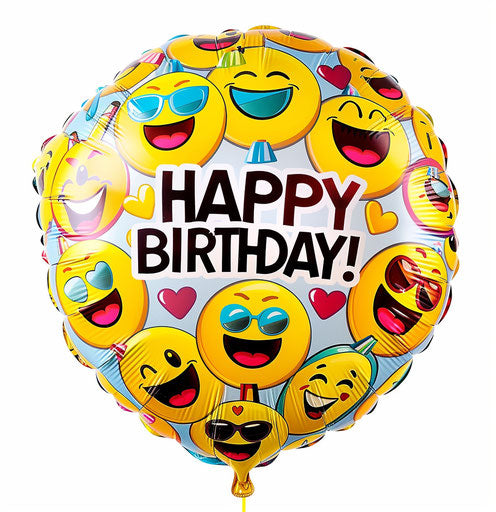 Happy birthday balloon with smiling face emojis