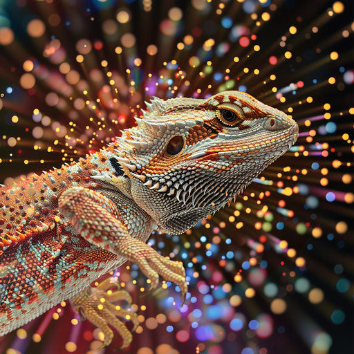 A bearded dragon amid a burst of digital pixels