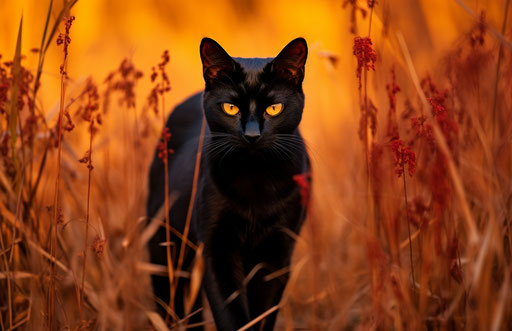 Black cat in reddish yellow grass, dark emerald light black