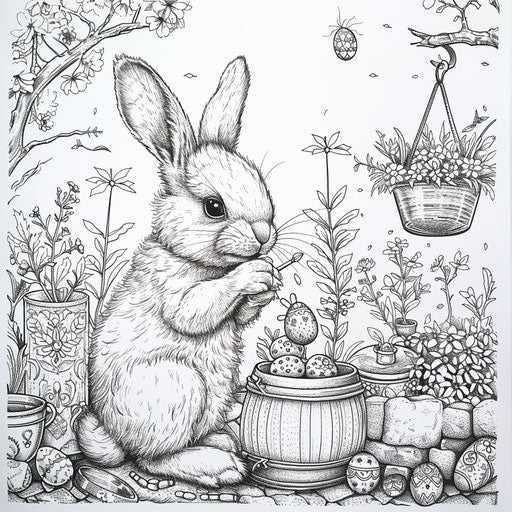 A rabbit painting Easter eggs in a garden