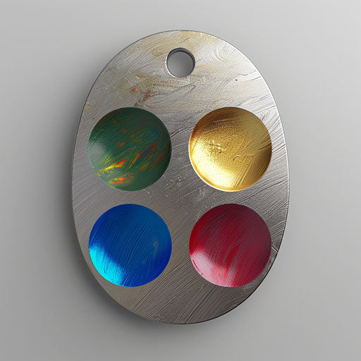 Realistic art palette with glossy effects on metallic silver background