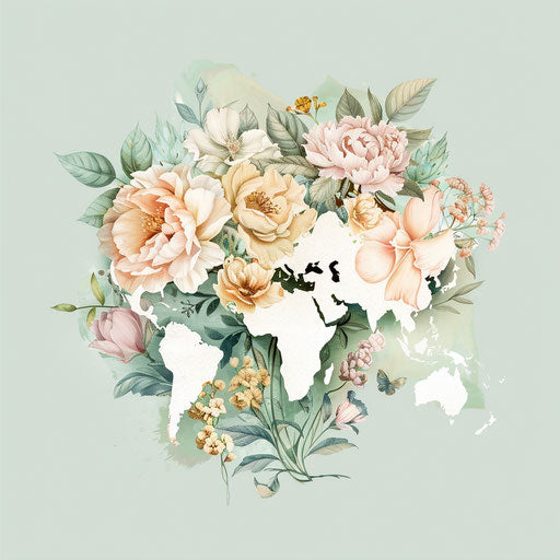 Elegant floral map logo with continents and islands in bouquet