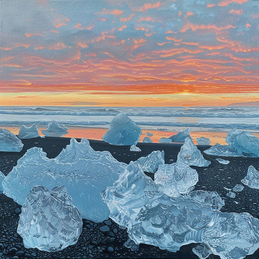 Icebergs on Diamond Beach, Iceland with vibrant sunrise colors