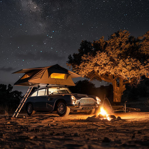 Touring car Aston Martin DB6 with a roof-top tent and overland gear, parked beside a campfire under the stars.