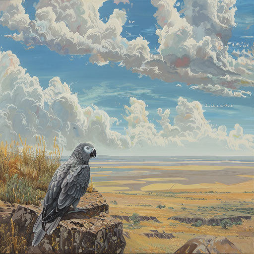 Solitary grey parrot on rocky outcrop overlooking vast, untouched savannah, under expansive African sky