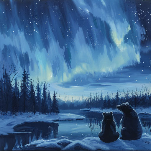 Bears watching the northern lights over frozen lake