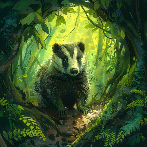 Badger emerging from its burrow in a lush forest