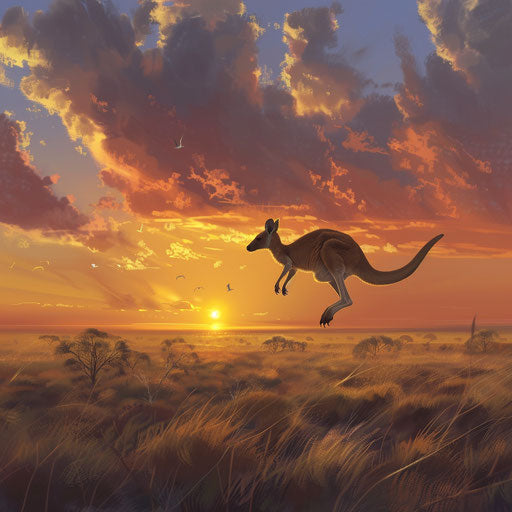 Red kangaroo hopping through the outback at sunset