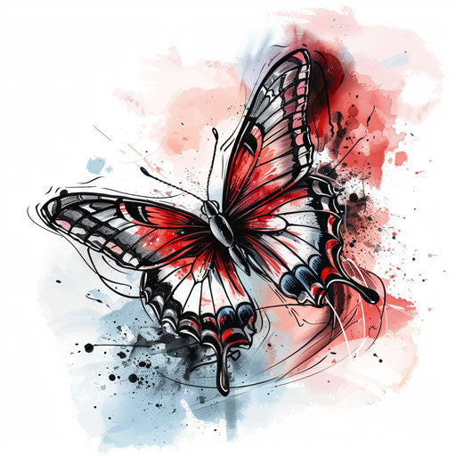 Red butterfly with watercolor splashes