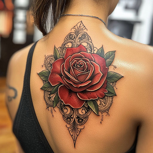Rose tattoos for women with a mandala design in the style of Ami James