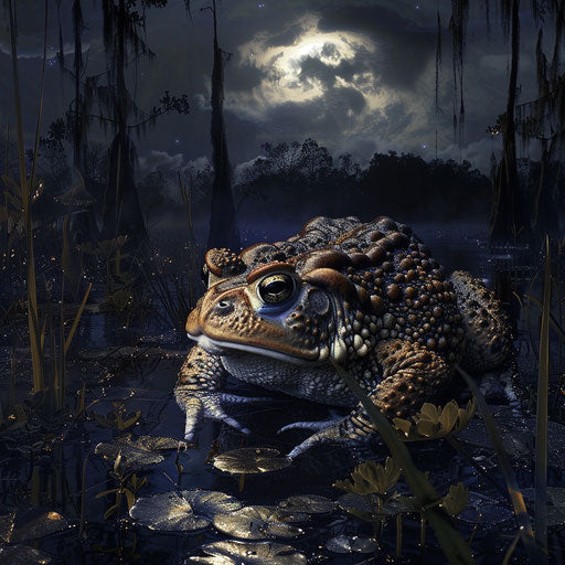 A toad illuminated by moonlight in a swamp