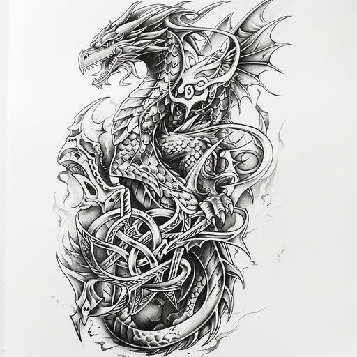 Tattoo sketch of tribal dragons and Celtic knots, full sleeve for men