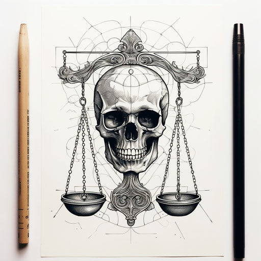 Skull on a scale tattoo image, political symbolism style, ink drawing