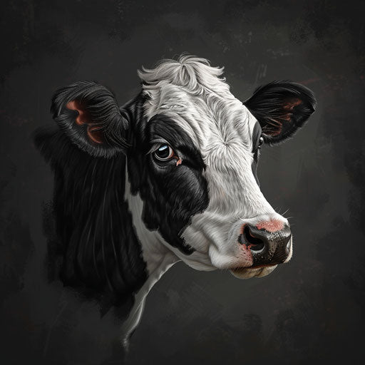 Cow cartoon on dark background, dramatic contrast