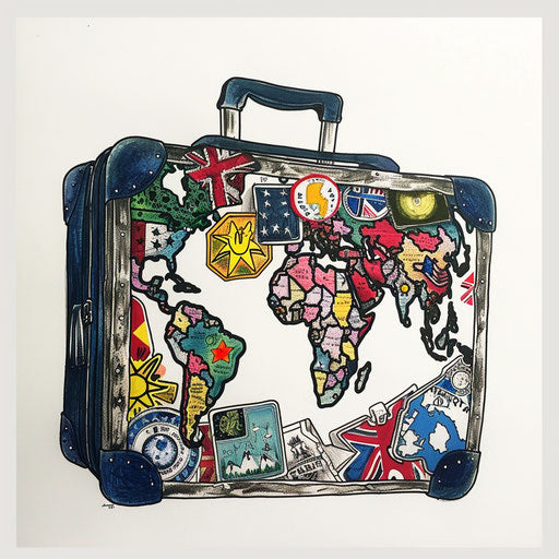 Travel suitcase with country stickers on white canvas