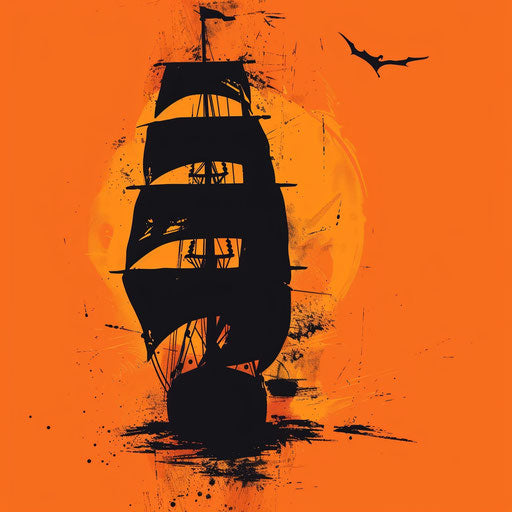 Minimalist tattoo sketch of a sailing ship silhouette on sunset orange