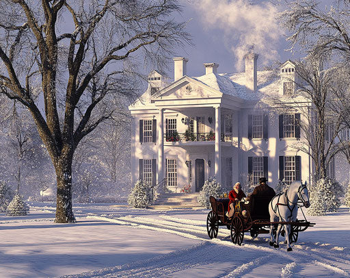 White house in snow with horse-drawn sleigh
