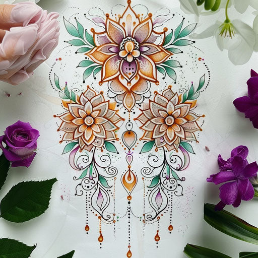 Pastel-colored summer henna motifs tattoo sketch