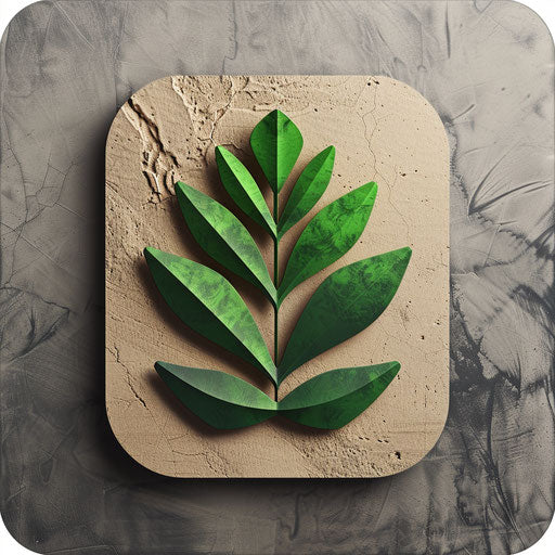 Nature-inspired app logo with green accents on a natural texture background
