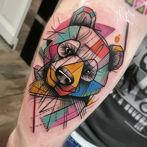 Geometric teddy bear tattoo with abstract shapes and vibrant colors