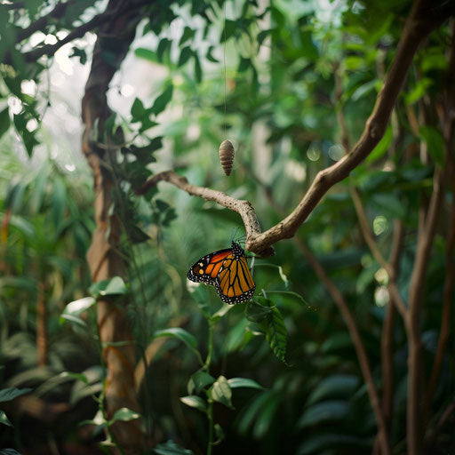 Monarch butterfly emerging from chrysalis in lush green garden
