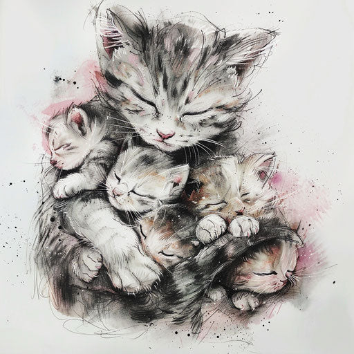 Heartwarming tattoo sketch of a mother cat with kittens