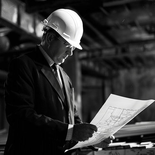 Professional review of blueprints at a construction site