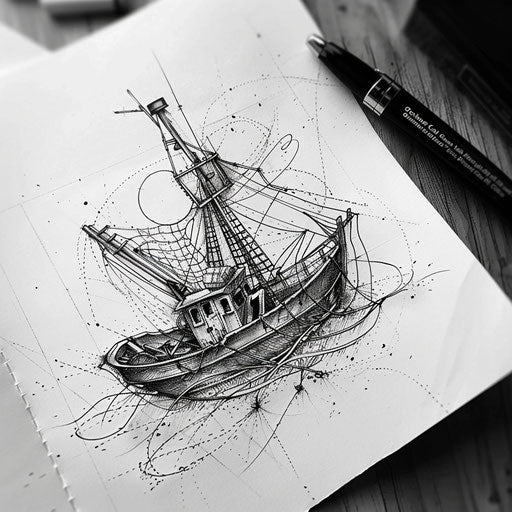 Classic sketch of fishing boat with detailed net and catch