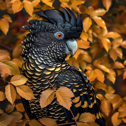 Black cockatoo with yellow tail among golden autumn leaves