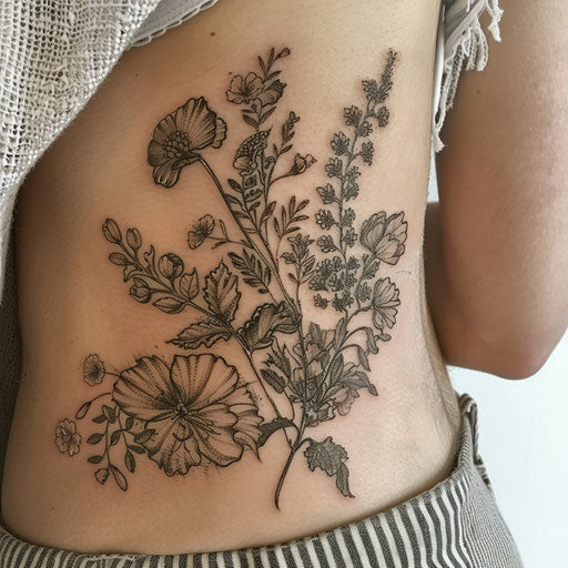 Rib tattoos, botanical illustration, M.S. Merian style