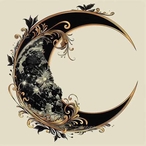 Stylized half moon with art nouveau embellishments in black and gold