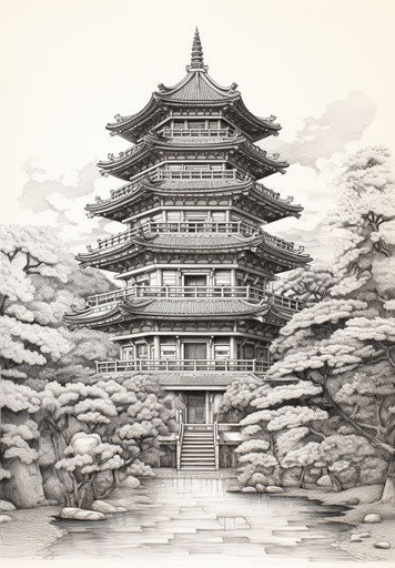 Square Japanese temple with central tower, hyperrealistic pencil drawing