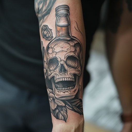 tattoos and booze with a skull and whiskey bottle on the forearm in the style of Guy Aitchison