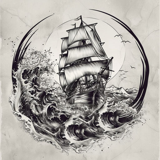 Dynamic sketch of a ship sailing through rough stylized waves