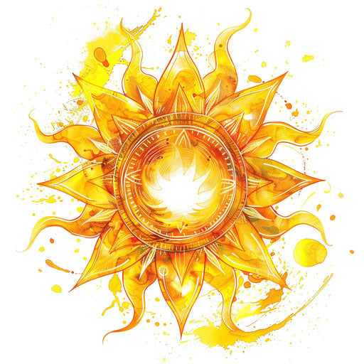 Vivid yellow Solar Plexus Chakra tattoo design, fiery sun motif on white background