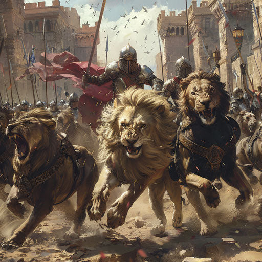 Dramatic scene of medieval battle with lions as noble steeds for knights