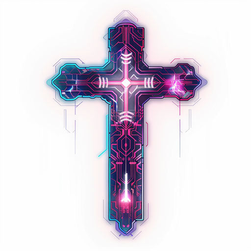 Cyberpunk strength cross tattoo with neon accents