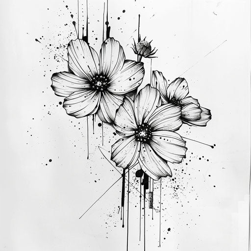 Abstract sketch of cosmos flowers with ink splashes
