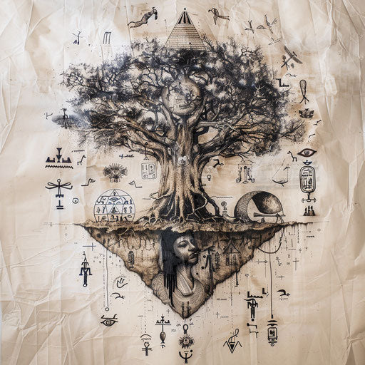 Egyptian themed tree of life tattoo drawing with hieroglyphs