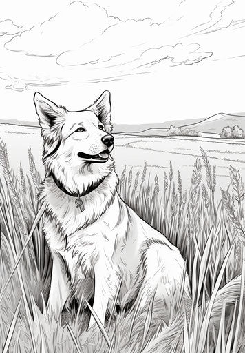 Dog sitting in a field, coloring page