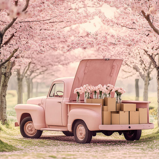 Pink truck with roses and cherry blossoms in the background