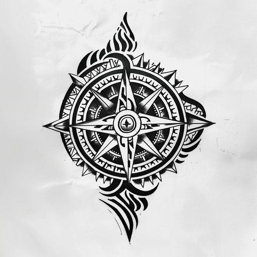 Polynesian tattoo sketch of a compass rose with intricate tribal patterns in bold black ink