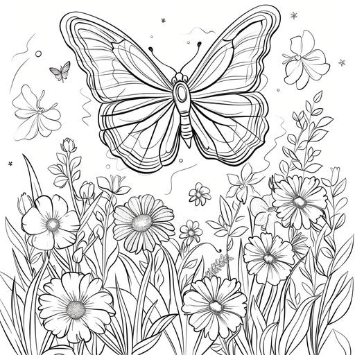 Colorful butterfly flying among flowers. Coloring book page