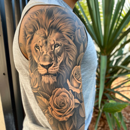 Realistic black and gray lion and roses half sleeve tattoo