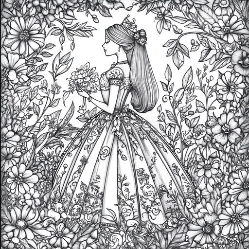 Queen in a floral garden, Johanna Basford style, coloring page