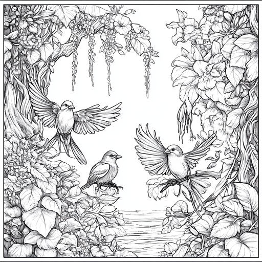 Rainforest with exotic birds, in the style of Teagan White, Coloring book page