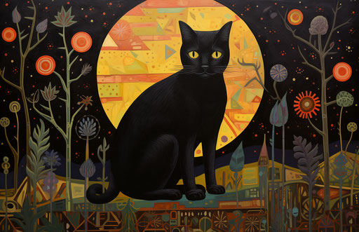 Large black cat on stump, poignant style