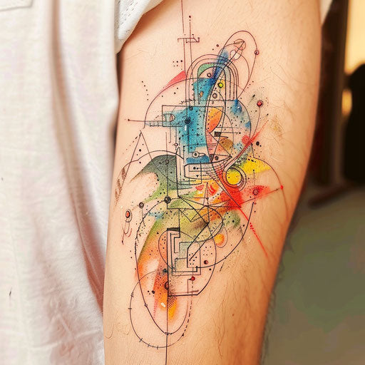 Surreal flat tattoo sketch of a chaotic dreamscape in soft watercolor