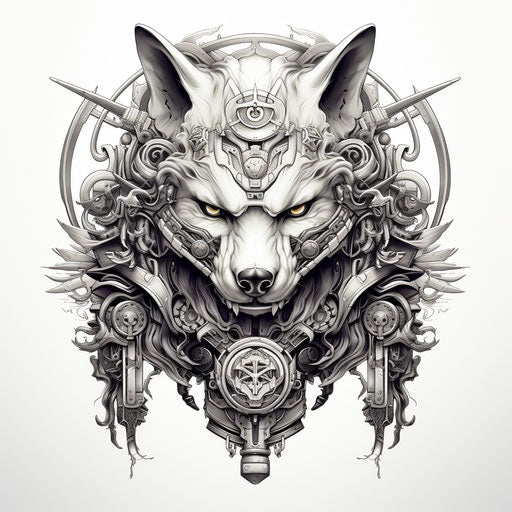 The samurai wolf head with the samurai shield with a skull