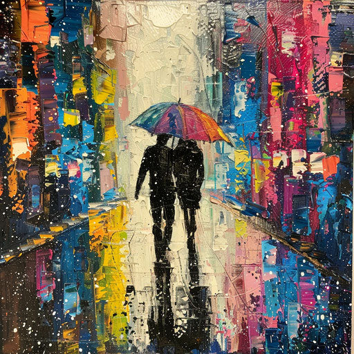 Love under the umbrella in the colorful city in the rain
